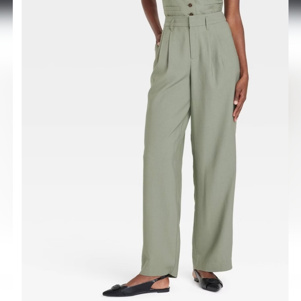 Women's High-Rise Pleat Front Straight Trousers - A New Day Olive 12